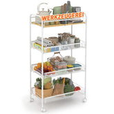 Sekey 4-Tier Rolling Cart – Kitchen Trolley & Niche Shelf with MDF Top, Steel Frame, 360° Casters & Handle – Narrow Serving Cart for Kitchen, Bathroom & Office – White